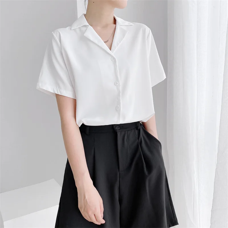 

2021 Summer New Korean Chic Loose V Suit Collar Fashion Lapel Short-sleeved Shirt Women's Solid Color Coat Y2k Aesthetic