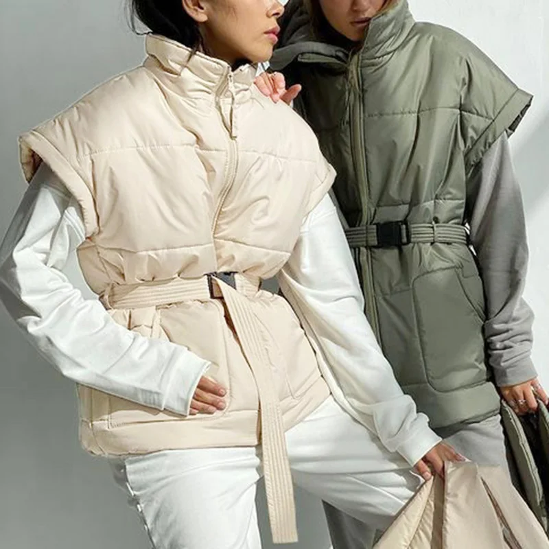 

Fashion Stand Collar Vests Women Elegant Tie Belt Waist Coats Women Shrug Zipper Casual Pockets Spring Vests Ladies