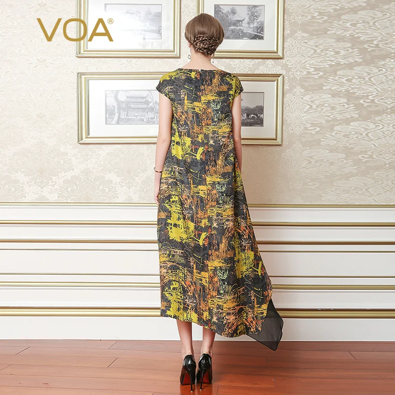 Женское двухслойное платье VOA длинное с принтом из шелка и коротким рукавом