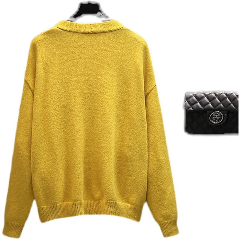 

Loose Oversized Women's Dresses 2021 Autumn Yellow Knitted Cardigan Jackets + Print Chiffon Long Sleeve Ladies Dress KE1742