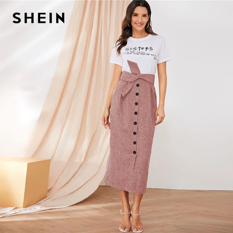 SHEIN пуговица Передняя плиссированная деталь поясом юбки женские лето осень высокая талия Прямые Твердые офисные женские элегантные длинные юбки