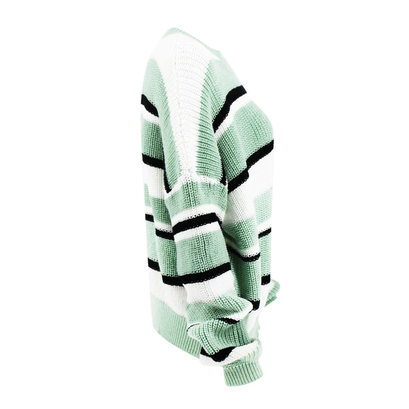 

Striped Loose Ladies Sweater Pullover Fall/Winter Green Contrast Color Thin Pullover Knitted Sweater