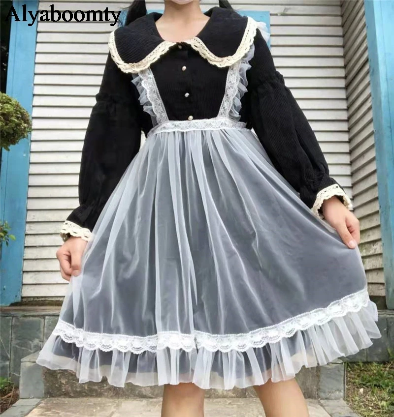 Японское женское милое платье в стиле Лолиты воротник Питер Пэн черное