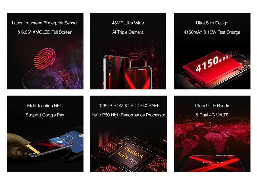 Глобальная версия UMIDIGI X In-screen Fingerprint 6,3" AMOLED 48MP Тройная задняя камера 128GB NFC Helio P60 4150mAh мобильный телефон