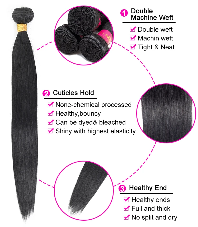 Feel Me прямые 3 пучка с бразильские волосы закрытием не-Реми человеческие пучки