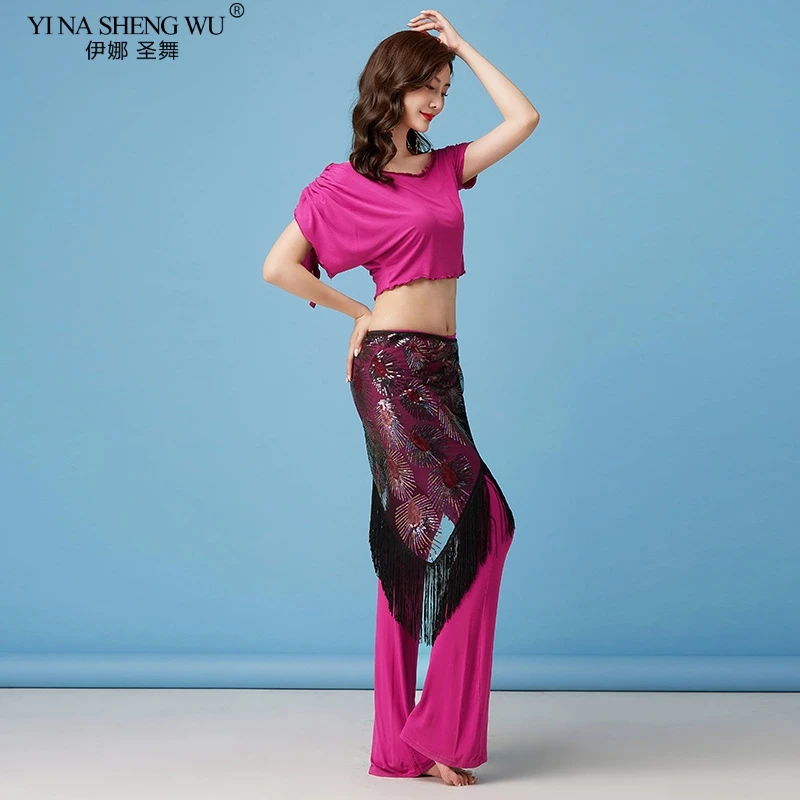 

Костюм для танца живота, тренировочный комплект, сексуальный топ/штаны/шарф с кисточками на бедрах, индийская одежда, женская одежда для тан...