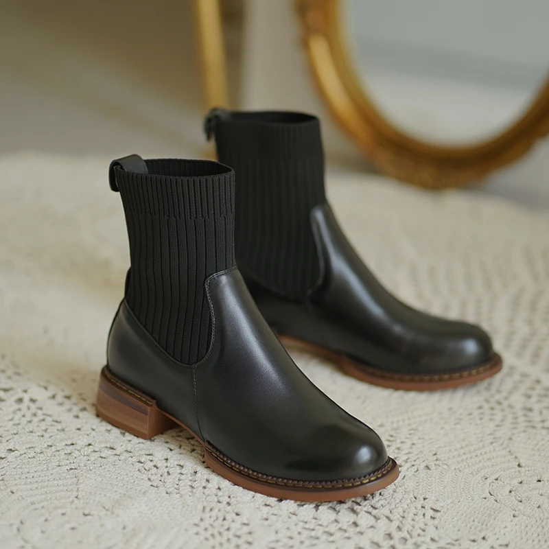 

New Genuine Leather Women Sock Boots Autumn Thick-heeled Ankle Boots Women's Mid-heel Stretch Short Boots Casual Shoes