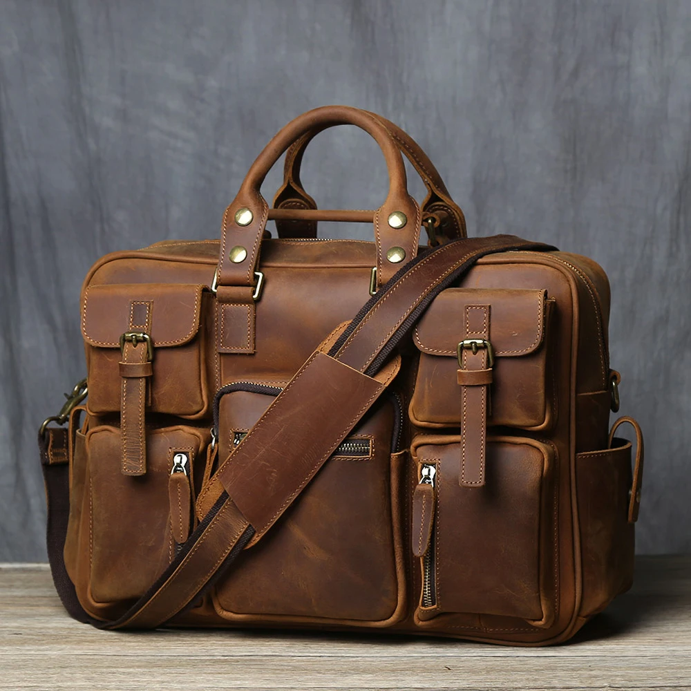 Men's Genuine Leather Travel Bag Retro Large-Capacity Handbag Business Cowhide Briefcase Leather Business Trip Computer Bag