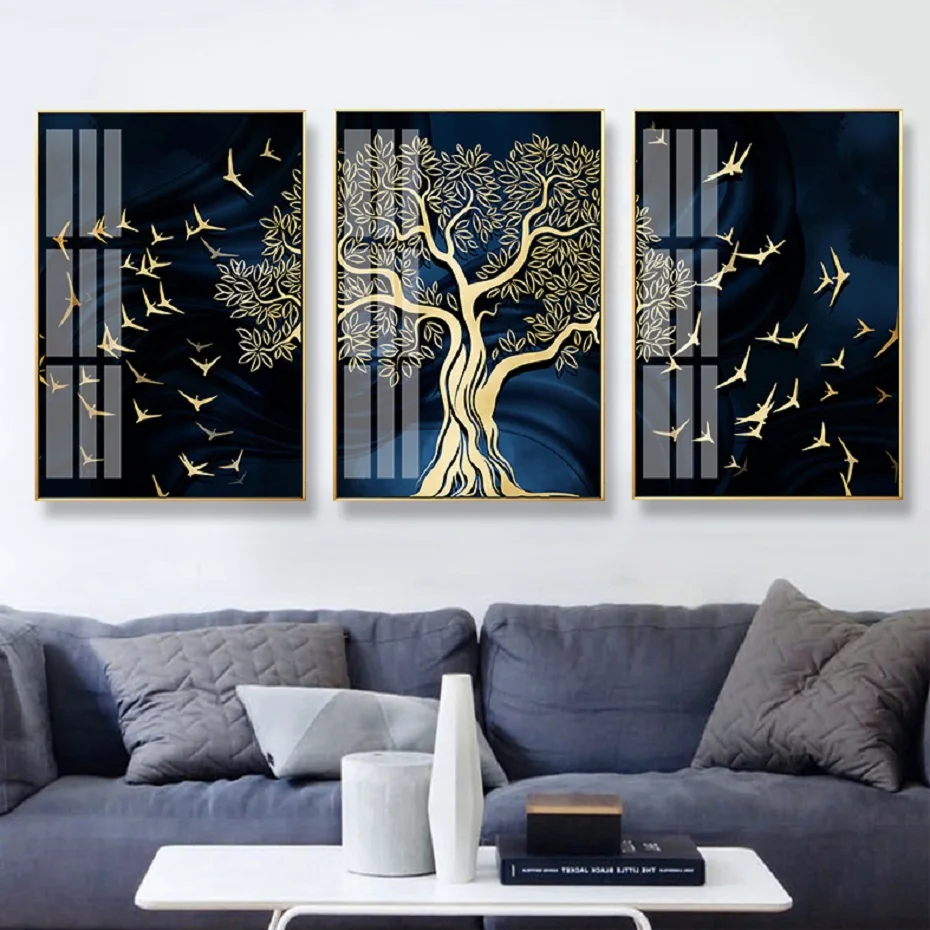 

3 Pieces Abstract Gold Tree Birds Wall Art Canvas Paintings Wall Art Posters Decorative Wall Art Prints Living Room Home Decor