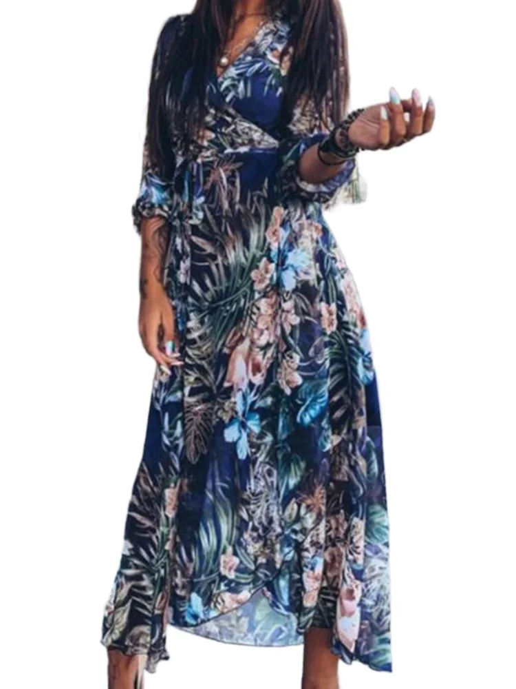 

2021 Women Dress New Printed Sexy Skirts Long-sleeved V-neck Long One-piece Dresses