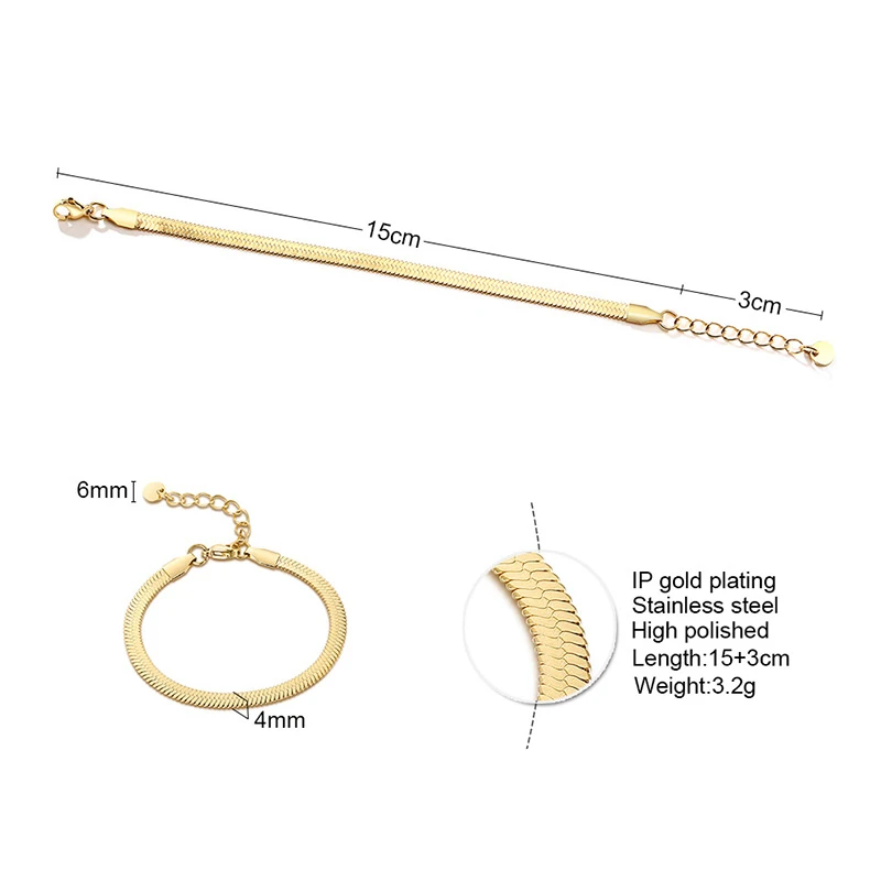 

Vnox Flat Snake Chain Figaro Link Women Bracelet Set Chic Temperament Gold Color Adjustable Stainless Steel Wristband