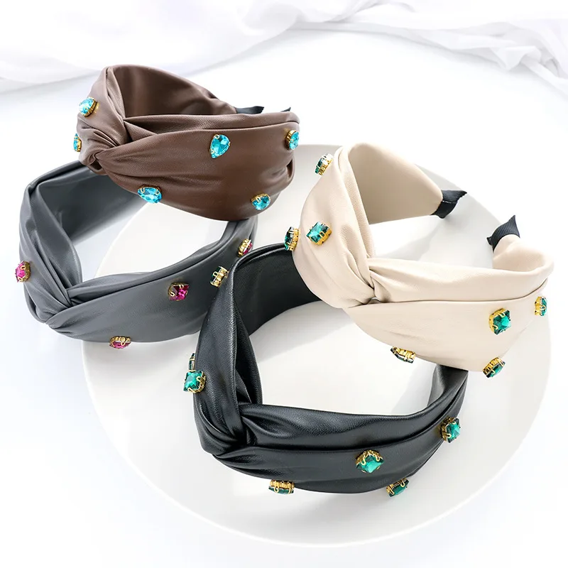 

Women Girls Leather Cross Knot Hairband Cross Turban Green Big Stone Headband Women Girls Fashion Hair Accessories