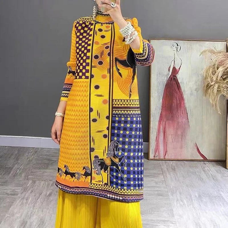 

Миаке, весна 2023, благородная и элегантная темпераментная ретро-водолазка с принтом, тонкая и свободная длинная юбка, закрывающая мясо