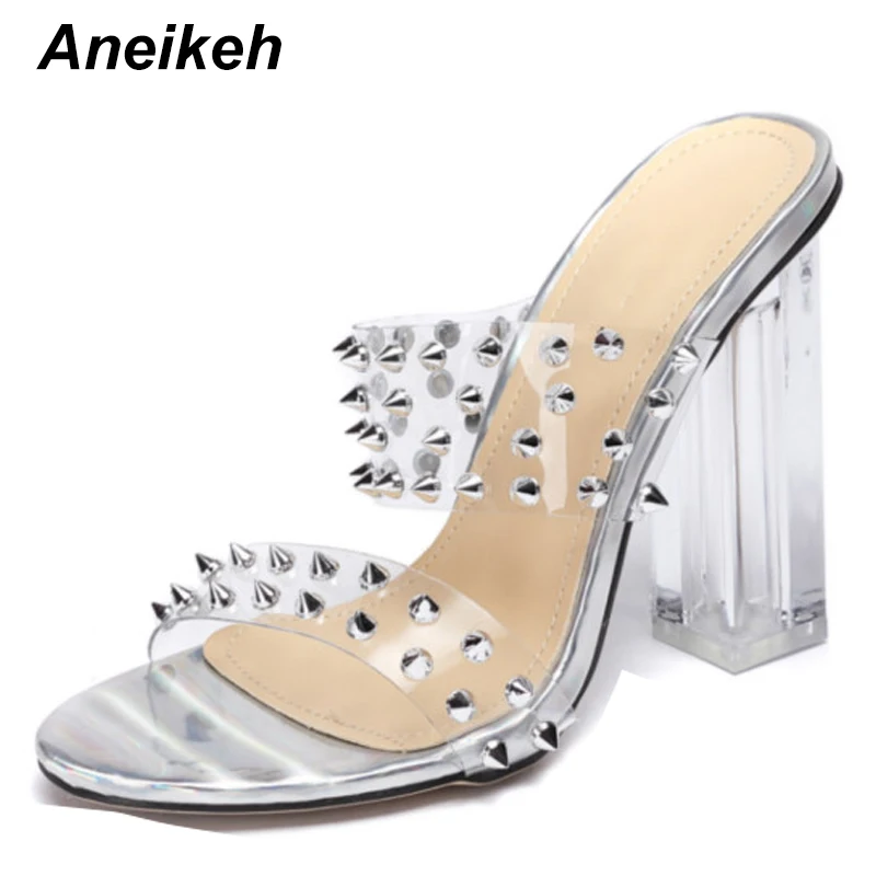 Aneikeh/NEWSummer 2021 ПВХ пикантные женские кожаные туфли с заклепками Модные босоножки