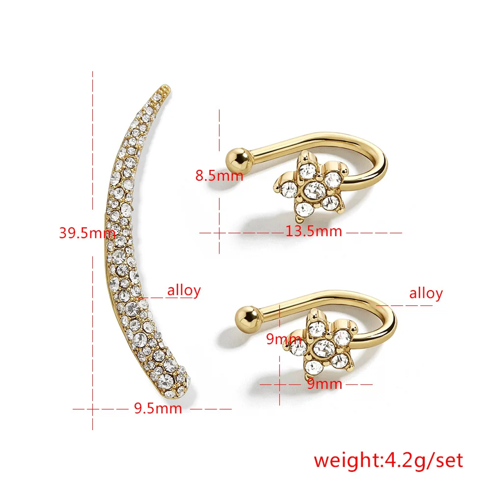 

OUREX New Fashion Alloy Plum Blossom Clip Earrings Set Golden Horn Left Right Rhinestone Cuff earrings for Women Party Jewelry