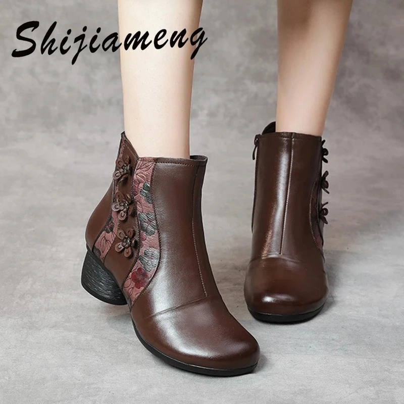 

2021 оригинальные женские ботинки ручной работы на толстом каблуке с боковой молнией, кожаные короткие ботинки в национальном стиле ретро с к...