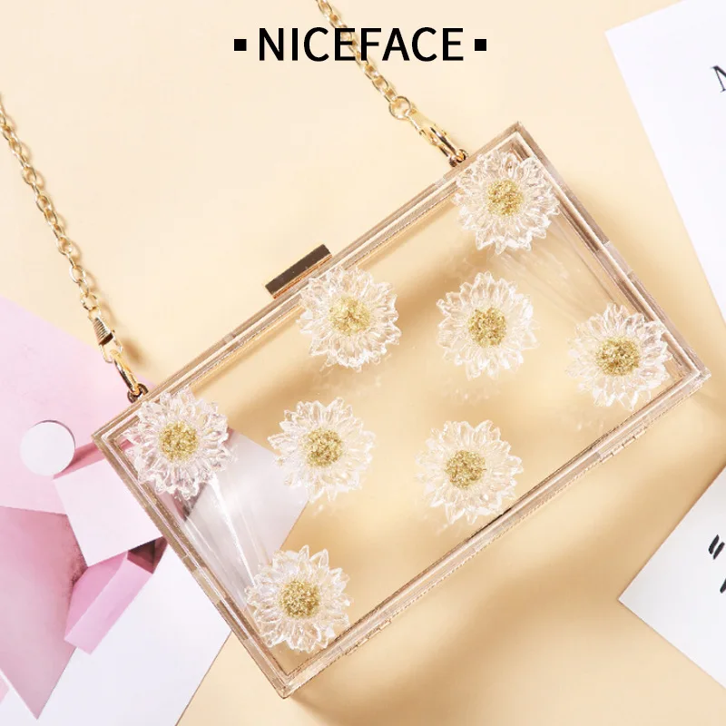 2020Daisy Acrylic Transparent Small Square Bag Fashion Korean Style Female Bag Dinner Party One-shoulder Messenger Chain Bag sac