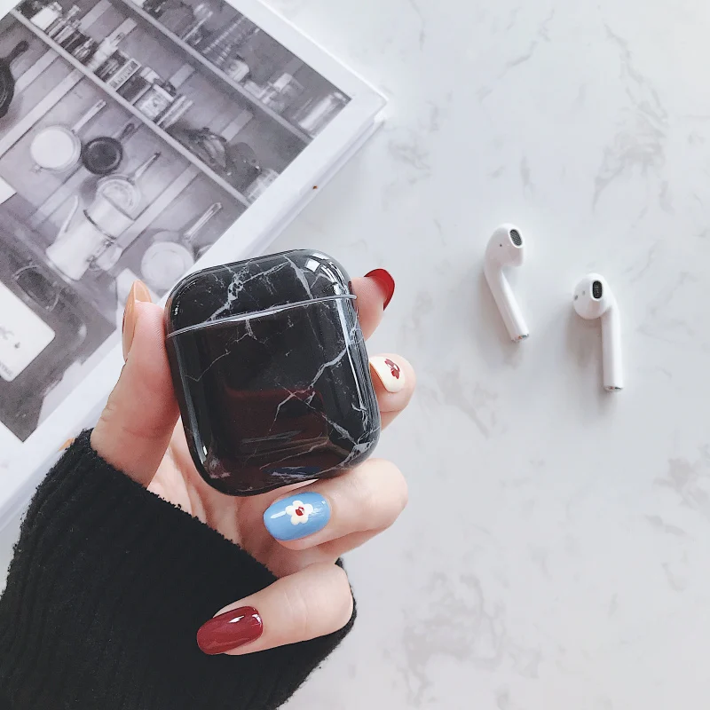 Black Мраморный беспроводной Bluetooth наушники Жесткий Чехол для Apple Airpods 1 2 Защитный Чехол Air Pods чехол зарядная коробка сумки - Цвет: Black