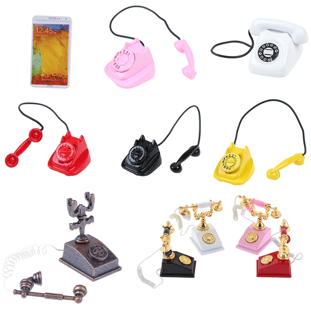 1:12 миниатюрный Телефон Модель сплав Винтаж Ретро поворотный телефон кукольный