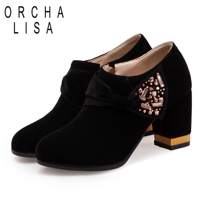 

ORCHALISA High women's boots Ankle boots Round toe Bowtie Rhinestone Zipper 2022 Spring Autumn Flock Comfortable Simple S2411