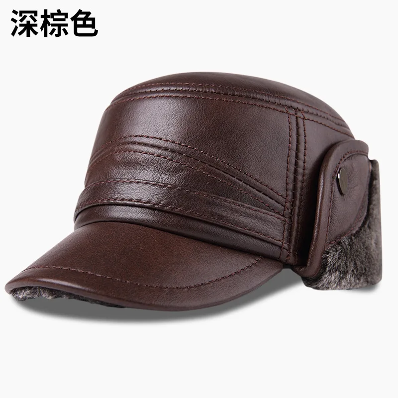 Ushanka Men Winter Thick Warm Outdoor Earmuff Cotton Cap Old Man Cow Leather Hat warm fur