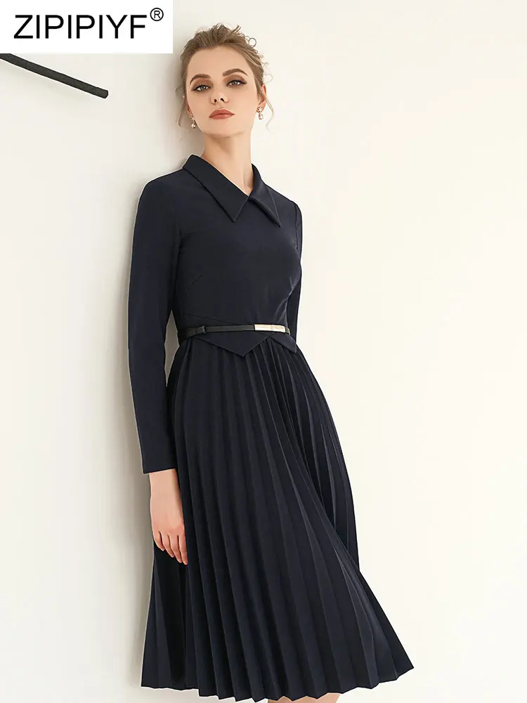 

2021 Summer Runway Fashion Mid Waist Polo Neck Long Sleeve Wrinkle Knee Length Office Lady Navy Blue Pacthwork Women Dress Z020