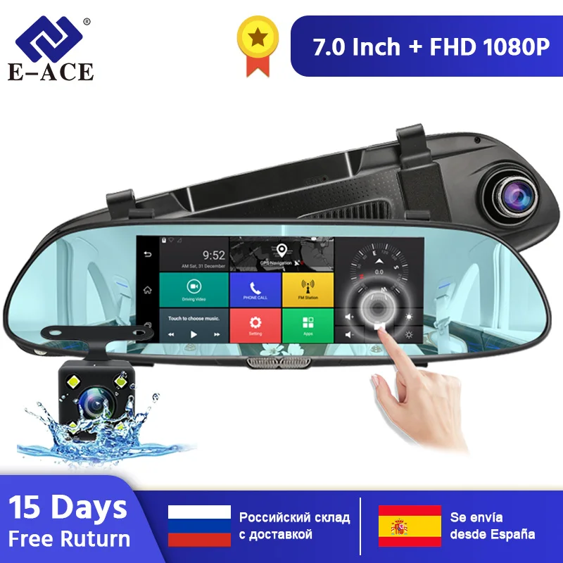 E-ACE Android 3g gps навигаторы 7 дюймов Автомобильный видеорегистратор 1080P видео рекордер зеркало заднего вида видеорегистраторы с Wi-Fi Buletooth Android ADAS