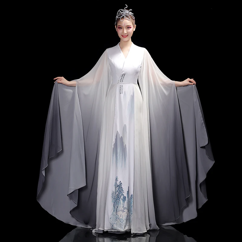 

Chinese Folk Dance Dress for Women Elegant Adult Print White Traditional Hanfu Modern Dance Costume Girls Classical Dance Dress