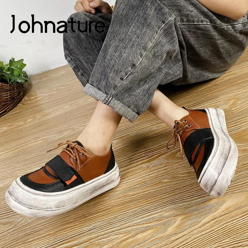

Johnature платформа, женская обувь, женская обувь из натуральной кожи 2021 новые осенние туфли на шнуровке на смешанные в стиле ретро Цвета туфли-л...