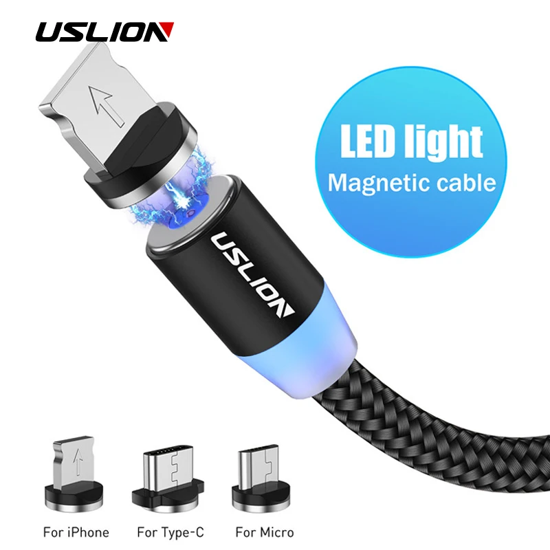 Магнитный светодиодный кабель USLION type C Micro usb для зарядки iPhone XS MAX, магнитное зарядное устройство USB C, кабель для samsung huawei Xiaomi