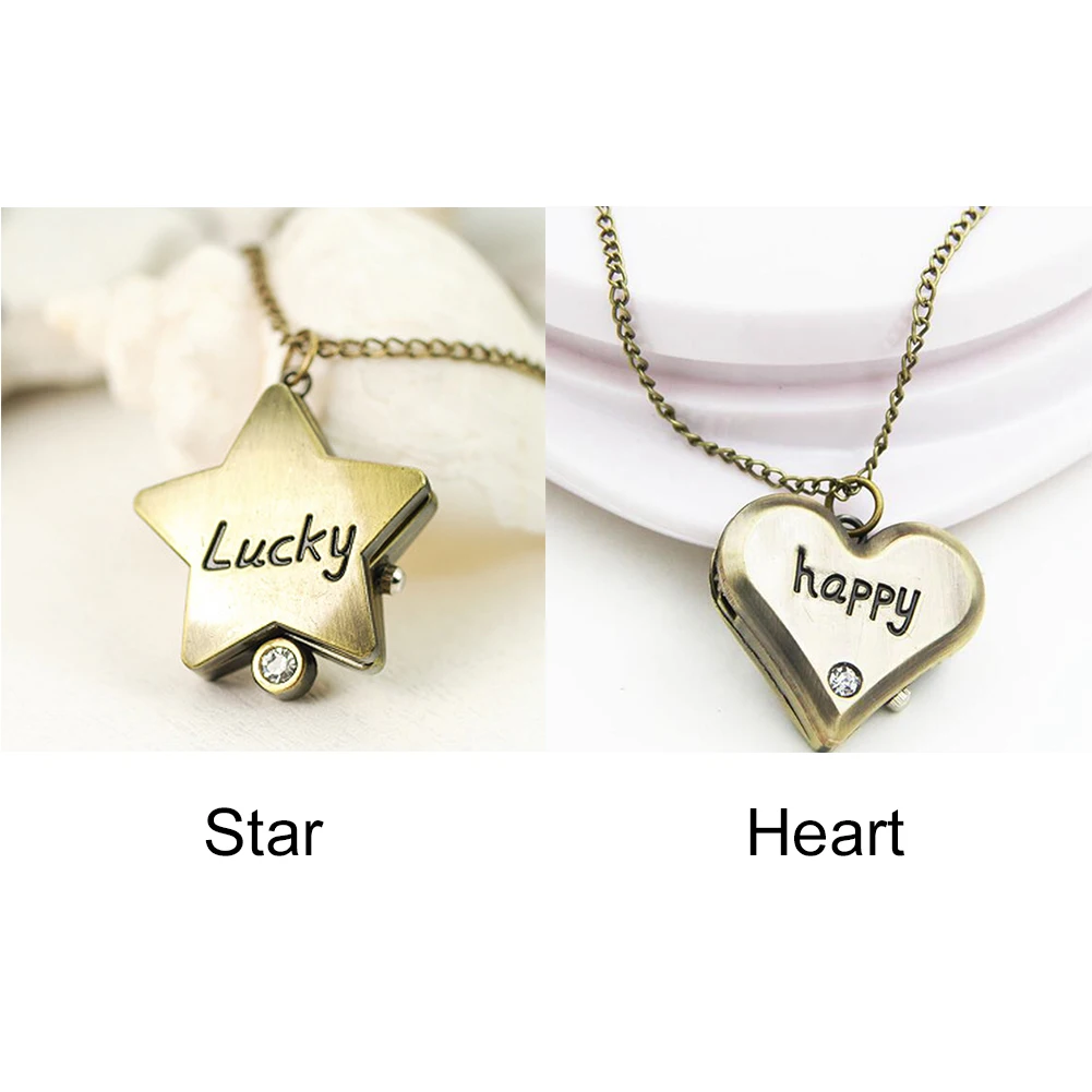 

Women Zinc Alloy Gift Retro Chain Pendant Necklace Star Heart Flip Quartz Exquisite Pocket Watch Clothes Accessories Carving