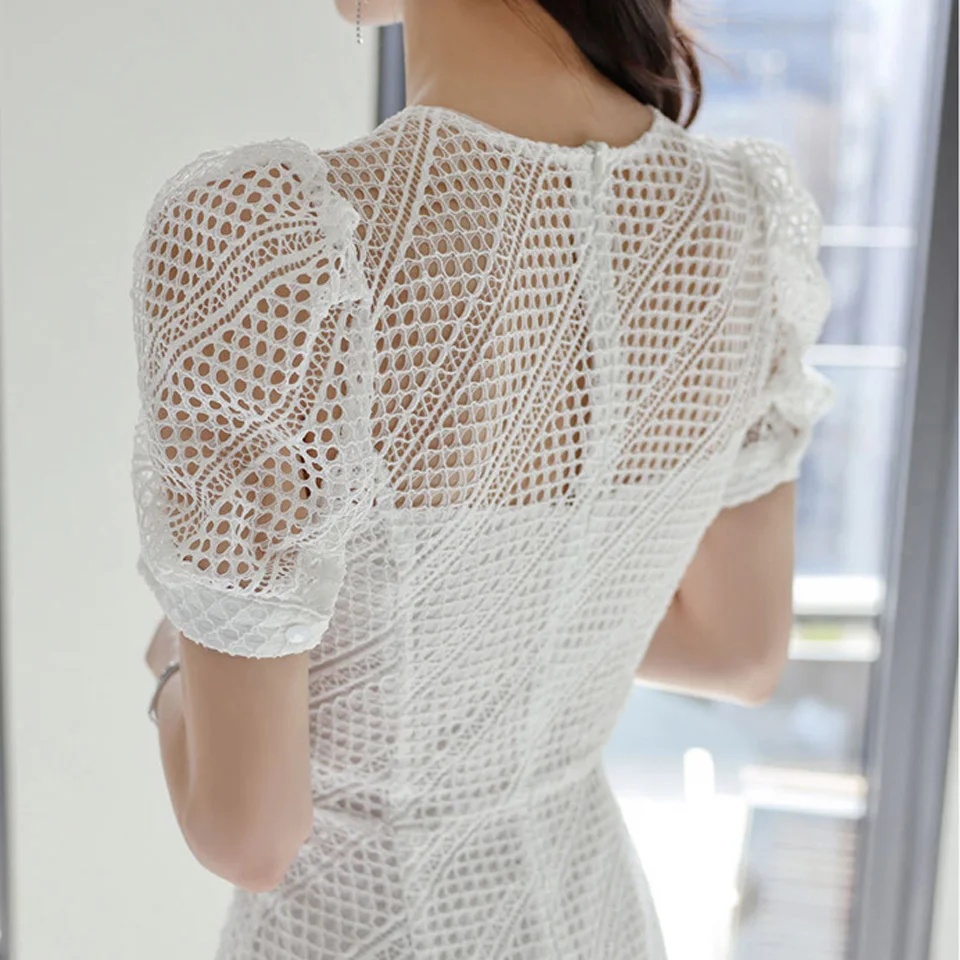 

Elegant Office White Dress 2021 Summer High Waist Tight Party Dress Simple Korean Version Temperament Sexy Lace Dress Women
