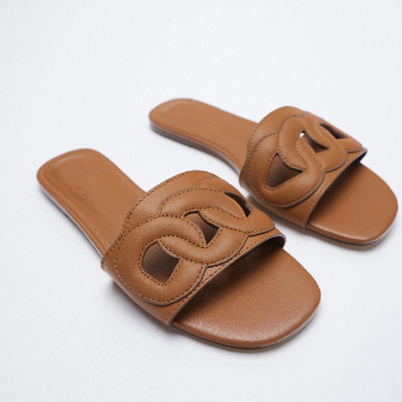 

ZAR Slippers Women Summer Luxury 2021 New Brown Square Toe Leather Casual Flat Sandals Brand Woman Beach Shoes Plus Size Femme