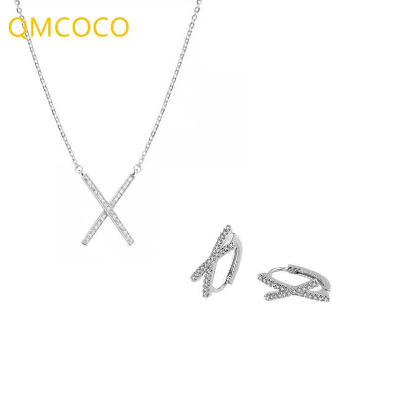 

QMCOCO 925 Silver Punk X-Shape Cross Earring+Necklace 2PCS/Set Fashion Delicacy Jewelry Set For Woman Party Accessories