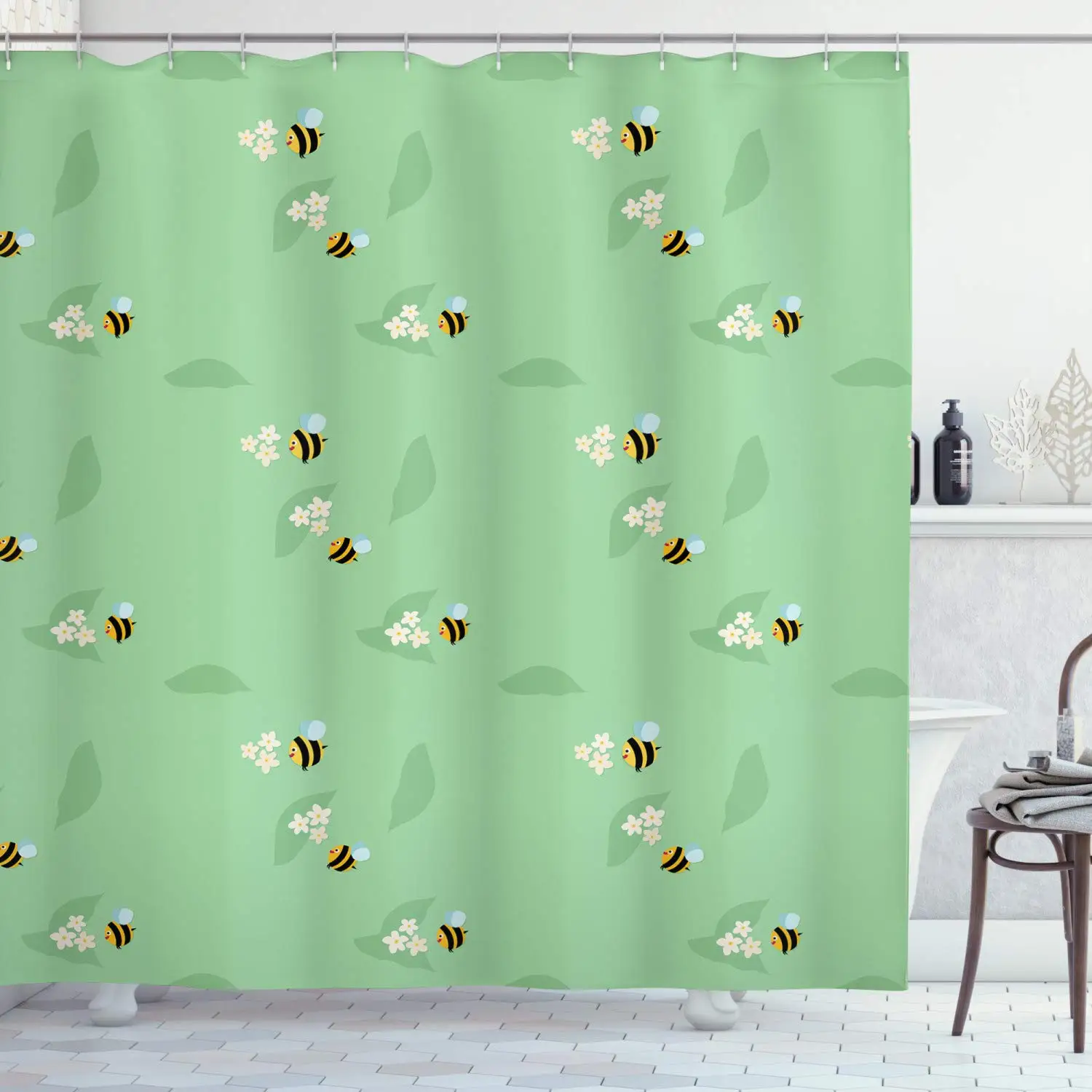 Штора для душа с пчелами летающими насекомыми цветами и листьями пастельные