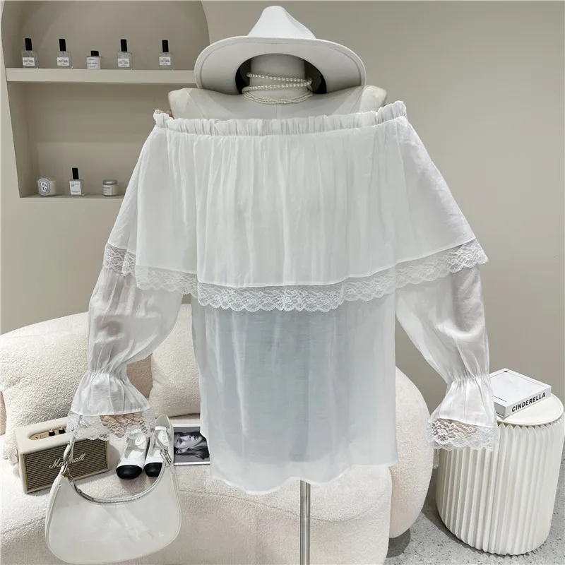 

Women's Clothing Summer 2021 Niche Design Fashion New Sweet Ruffles Long Sleeve Shirt New Off Shoulder Loose Pleated Top