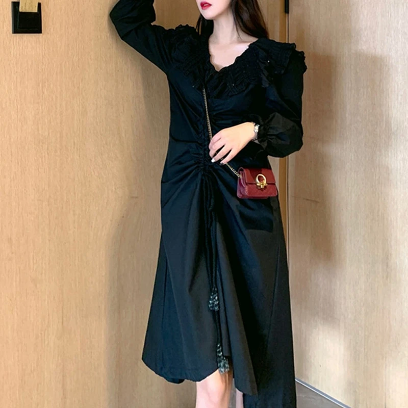 RealShe женское платье миди Vestidos Питер Пэн воротник с буфами рукав оборки