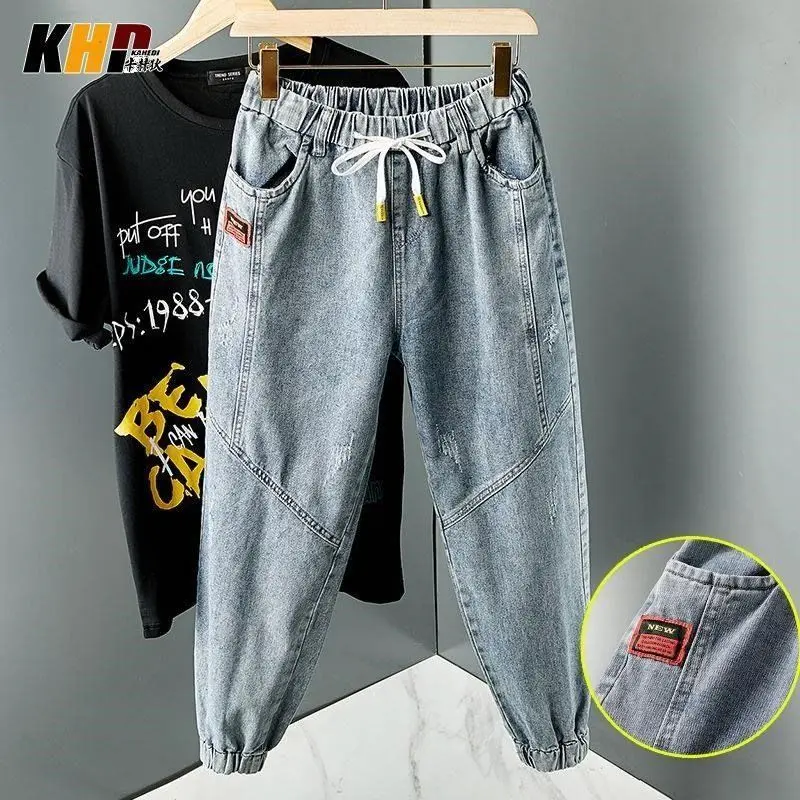 

2021 New Harem Jeans Men's Spring Summer Loose Elastic Waist Fashion Brand Jeans Casual Fashion Cargo Pants Ankle-Length Pants
