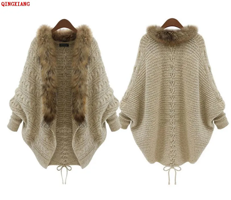 Женский вязаный кардиган с меховым воротником рукавами летучая мышь весна-осень