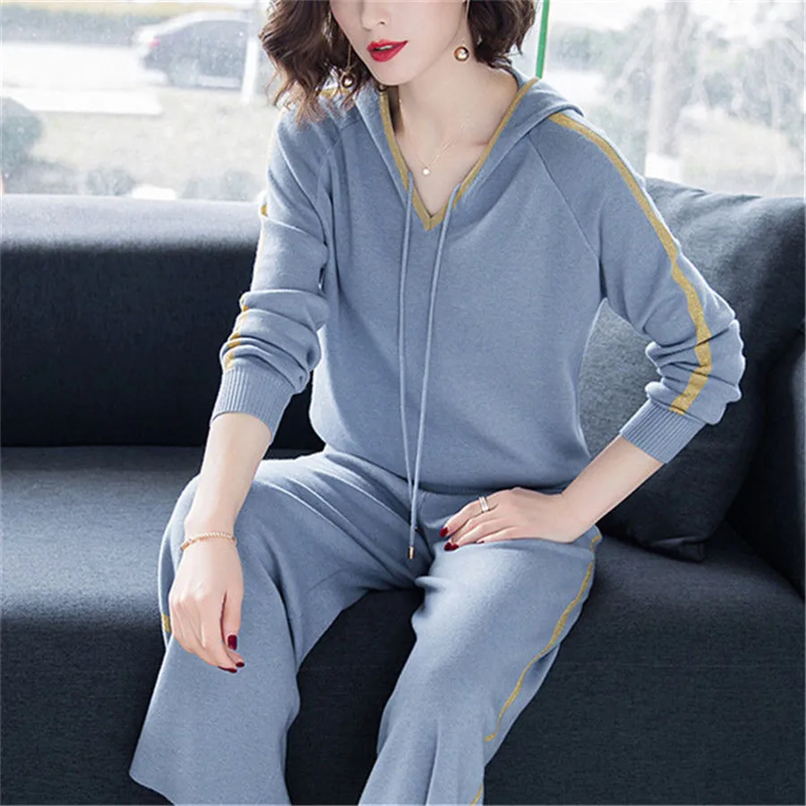 Женский свитер повседневный Трикотажный костюм из 2 предметов с брюками