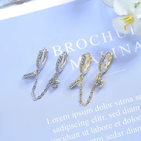 double ear hole hoop earrings bohemia two hoops connected with chain crystal stud charming female earring piercing jewelry gifts