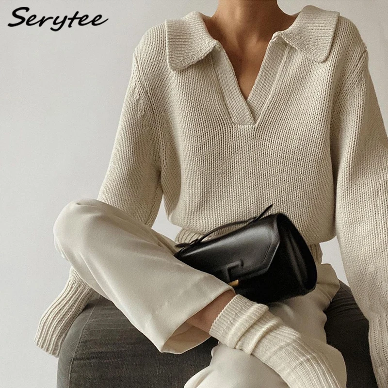 

Serytee Autumn Winter Soft Warm Pullover Sweaters Women 2021 Turn Down Collar Long Sleeve Loose Knitted Sweaters Streetwear