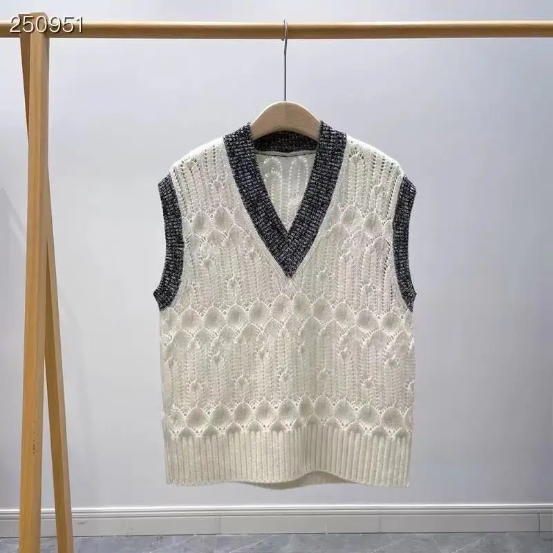 

Runway Women Jacquard Vest Sweater 2021 Fashion Loose Waistcoat V-Neck Color Patchwork Sleeveless Cashmere Sweater Tank Tops