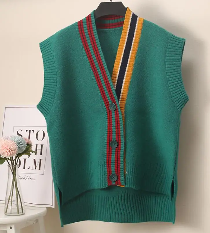 

Patchwork Knitted Vest Women Cardigan 2020 Autumn Asymmetry Loose Short Sleeveless Jacket Winter Lady's Sweater