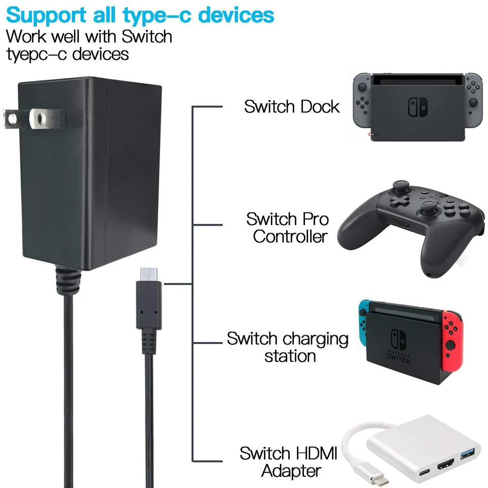 Зарядное устройство для адаптера переменного тока Nod Switch 15V 2.6A usb type-c power, комплект для быстрой зарядки для путешествий, переключатель дока/контроллер, поддержка ТВ-режима