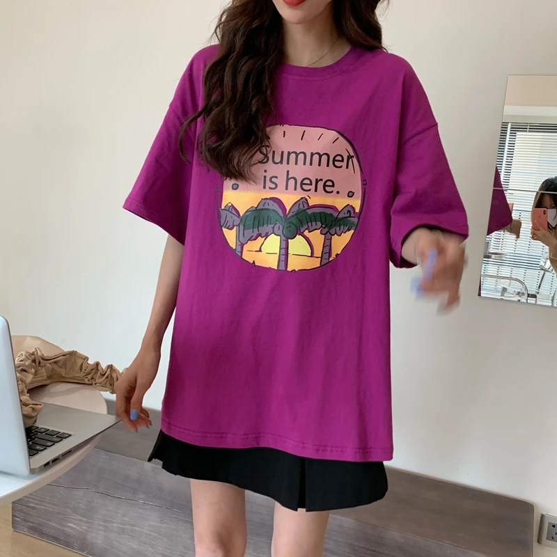 

Женская футболка с круглым вырезом, универсальная свободная футболка с принтом букв в Корейском стиле для лета