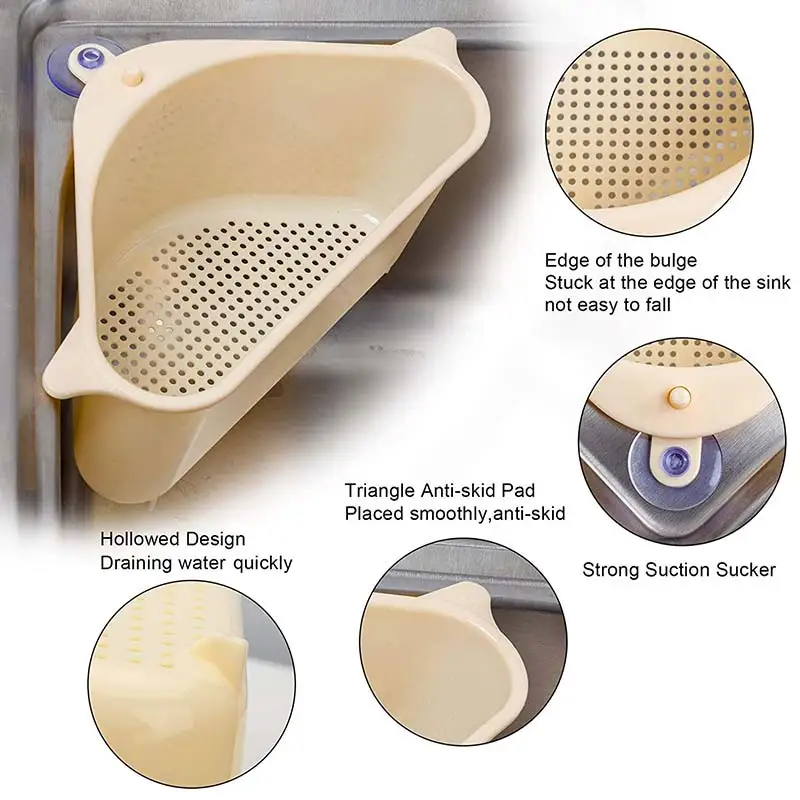

Kitchen Triangular Sink Strainer Drain Fruit Vegetable Drainer Sponge Rack Storage Tool Basket Suction Cup Sink Filter Shelf