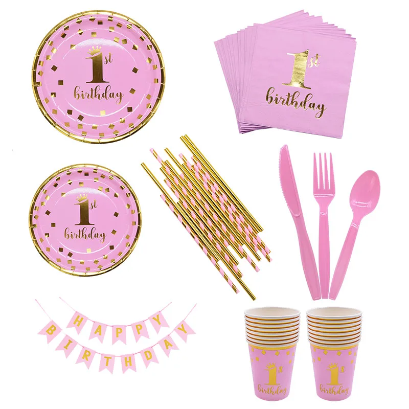 Детская одноразовая посуда на первый день рождения розовая синяя Салфетка под