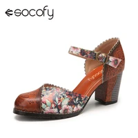 socofy splicing floral printed cowhide leather ankle strap comfy chunky heel mary jane pumps womens sandals women shoes