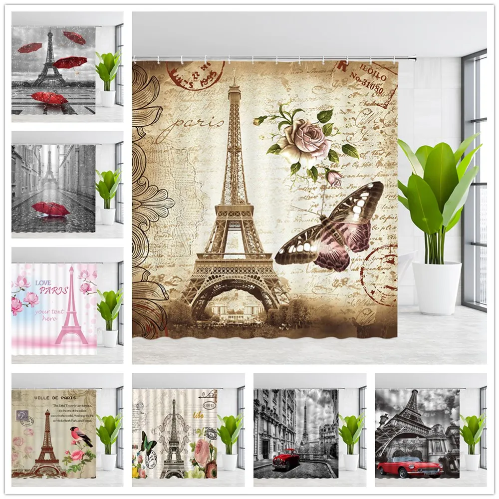 

Занавеска для душа GCTNBJL s Paris Effie Tower, красный зонт, автомобильный цветок, узор бабочки, комплект украшений для ванной комнаты, занавеска из пол...